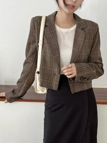DAZY Plaid Single Button Crop Blazer Business Attire - Mocha Brown - View 1