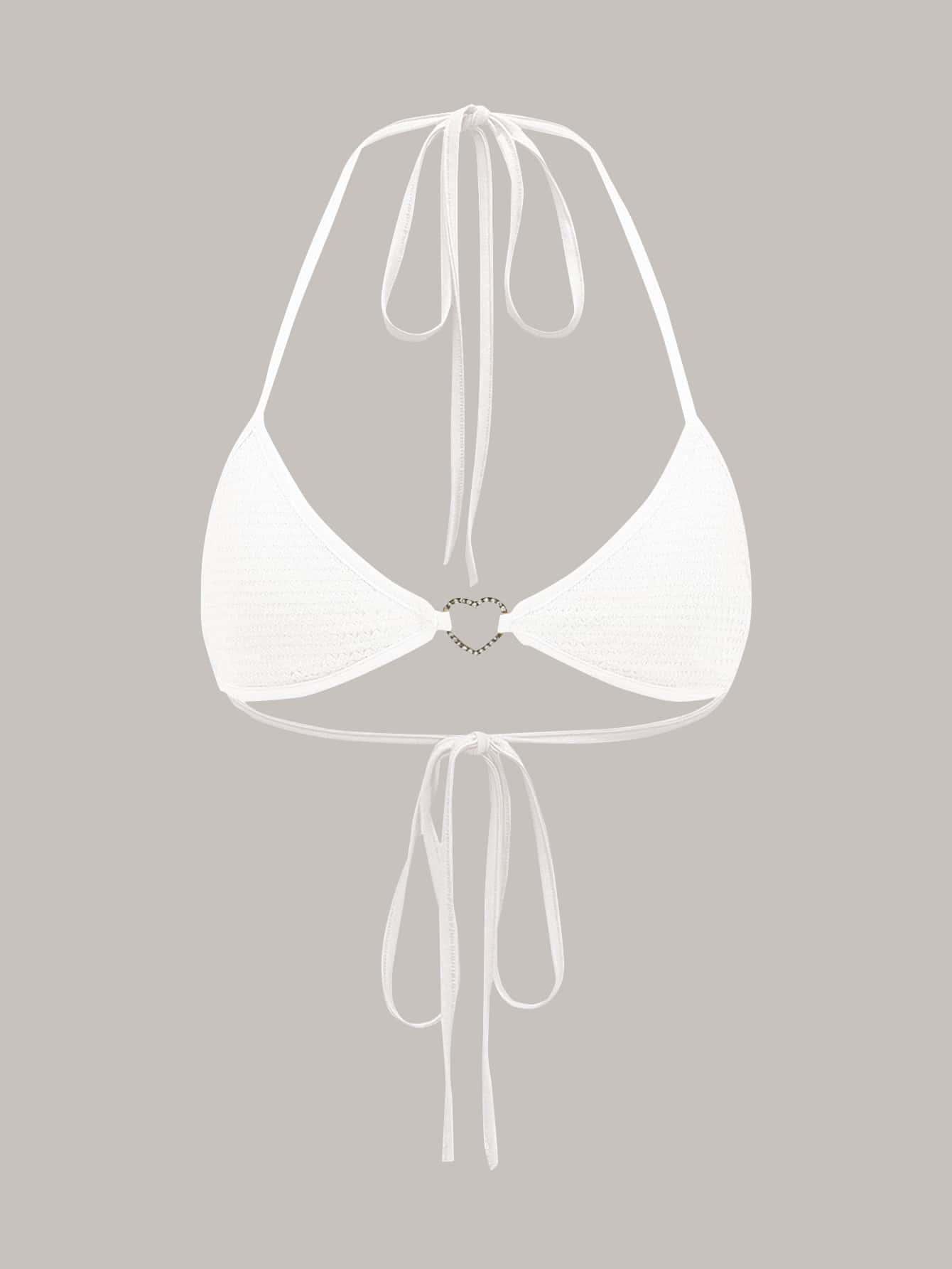 SHEIN ICON Rhinestone Heart Ring Detail Backless Knot Halter Top - White - View 1