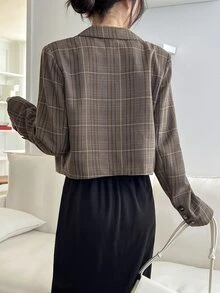 DAZY Plaid Single Button Crop Blazer Business Attire - Mocha Brown - View 2