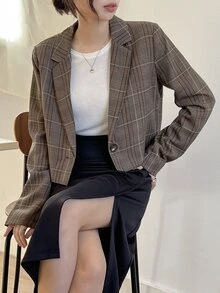 DAZY Plaid Single Button Crop Blazer Business Attire - Mocha Brown - View 3