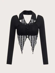 SHEIN ICON 2 In 1 Lettuce Trim Asymmetrical Hem Top - Black - View 1