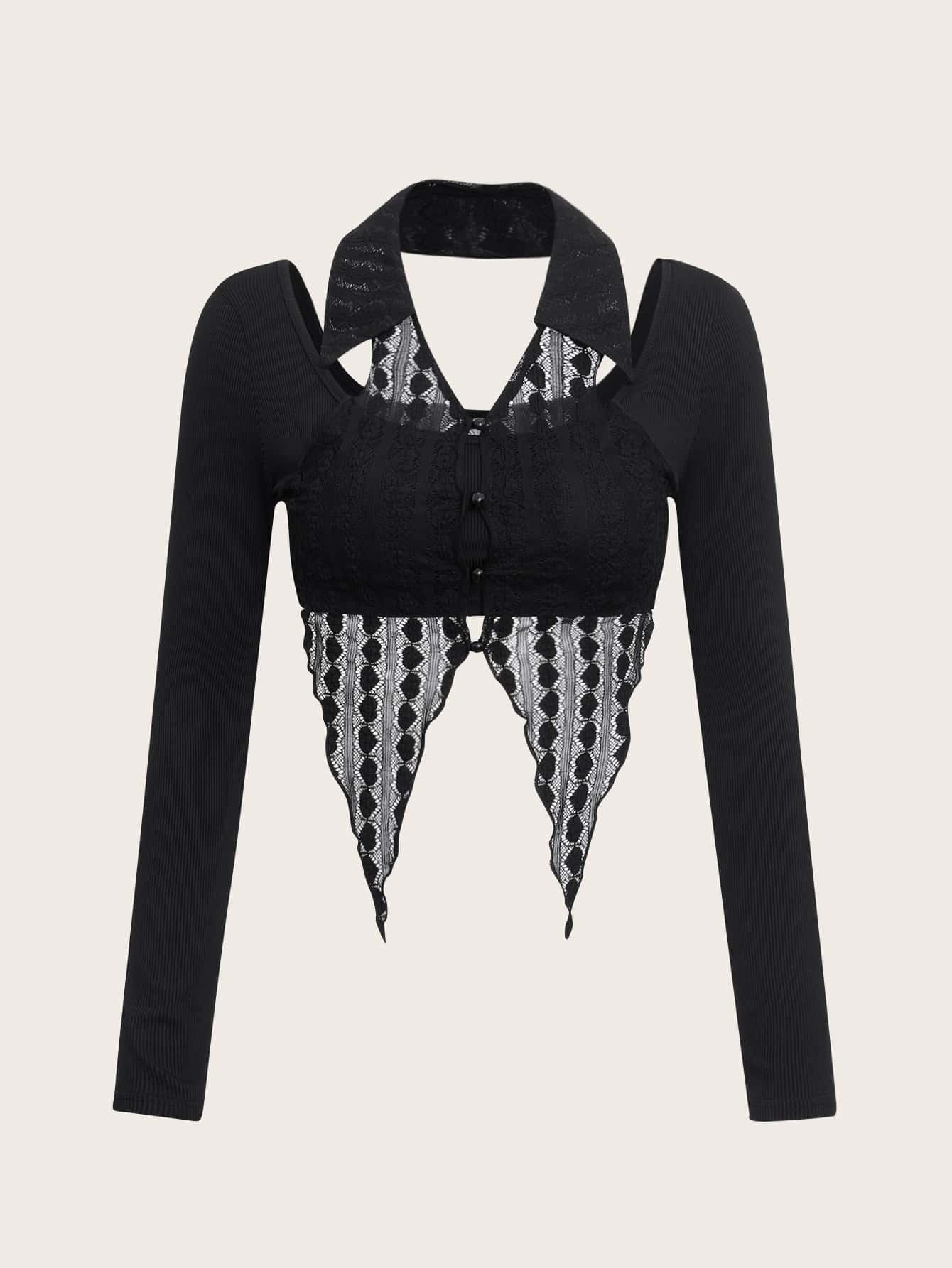 SHEIN ICON 2 In 1 Lettuce Trim Asymmetrical Hem Top - Black - View 1