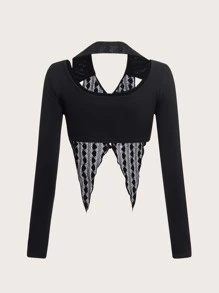 SHEIN ICON 2 In 1 Lettuce Trim Asymmetrical Hem Top - Black - View 2