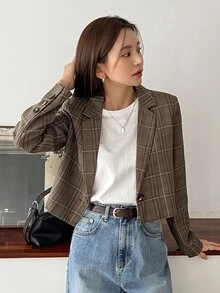 DAZY Plaid Single Button Crop Blazer Business Attire - Mocha Brown - View 5