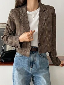 DAZY Plaid Single Button Crop Blazer Business Attire - Mocha Brown - View 7