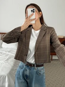 DAZY Plaid Single Button Crop Blazer Business Attire - Mocha Brown - View 8