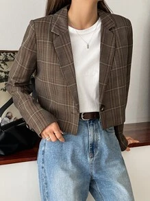DAZY Plaid Single Button Crop Blazer Business Attire - Mocha Brown - View 10