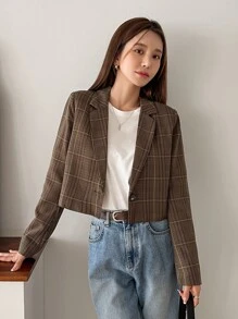 DAZY Plaid Single Button Crop Blazer Business Attire - Mocha Brown - View 11
