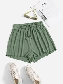 SHEIN EZwear Knot Waist Solid Shorts - Green - View 1
