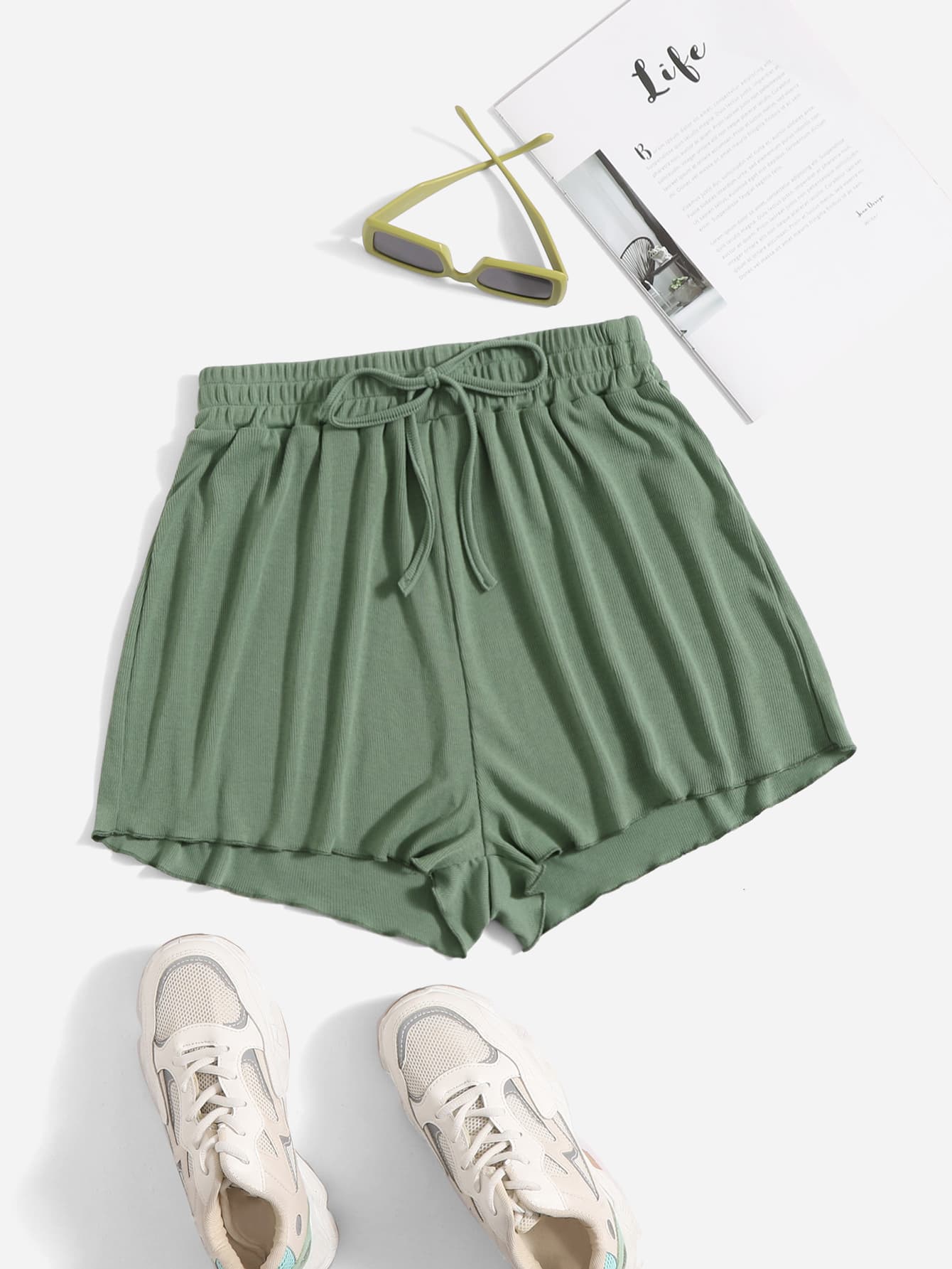 SHEIN EZwear Knot Waist Solid Shorts - Green - View 1