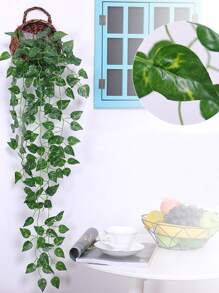 1pc 6.9 FT Green Artificial Plants, Silk Artificial Hanging Garland Plants Vine Leaves DIY Home Wedding Party Bathroom Garden Decoration - Green - View 3