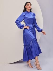 Modelyn Ruffle Trim Lantern Sleeve Belted Dress - Blue - View 4