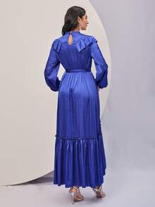 Modelyn Ruffle Trim Lantern Sleeve Belted Dress - Blue - View 5