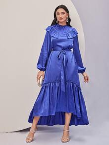 Modelyn Ruffle Trim Lantern Sleeve Belted Dress - Blue - View 2