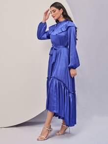 Modelyn Ruffle Trim Lantern Sleeve Belted Dress - Blue - View 6