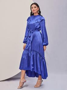 Modelyn Ruffle Trim Lantern Sleeve Belted Dress - Blue - View 7