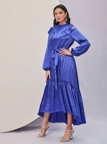 Modelyn Ruffle Trim Lantern Sleeve Belted Dress - Blue - View 1