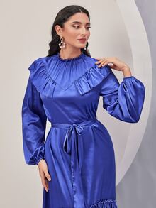 Modelyn Ruffle Trim Lantern Sleeve Belted Dress - Blue - View 8