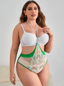 Plus Floral Embroidered Mesh Halter Teddy Bodysuit Without Liner - Multicolor - View 3