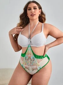 Plus Floral Embroidered Mesh Halter Teddy Bodysuit Without Liner - Multicolor - View 4