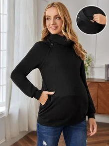 SHEIN Maternity Funnel Neck Raglan Sleeve Nursing Sweatshirt - Black - View 1