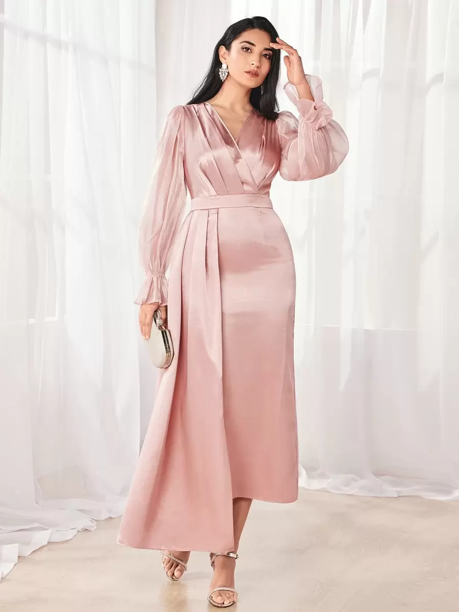 Modelyn Fold Pleated Asymmetrical Hem Satin Dress - Coral Pink - View 1