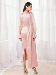 Modelyn Fold Pleated Asymmetrical Hem Satin Dress - Coral Pink - View 2