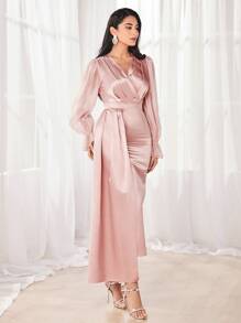 Modelyn Fold Pleated Asymmetrical Hem Satin Dress - Coral Pink - View 3