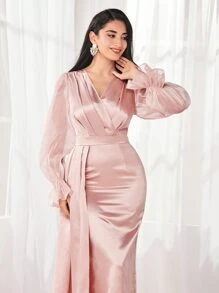 Modelyn Fold Pleated Asymmetrical Hem Satin Dress - Coral Pink - View 5