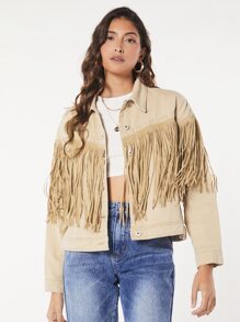 SHEINBlues Fringe Trim Drop Shoulder Denim Jacket - Khaki - View 5