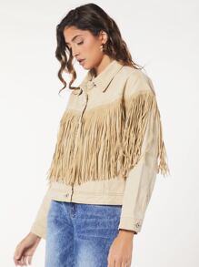 SHEINBlues Fringe Trim Drop Shoulder Denim Jacket - Khaki - View 4
