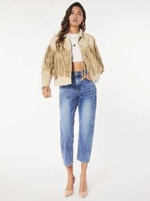 SHEINBlues Fringe Trim Drop Shoulder Denim Jacket - Khaki - View 6