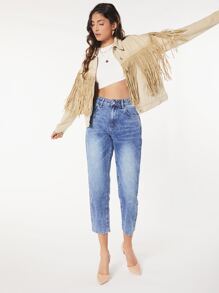 SHEINBlues Fringe Trim Drop Shoulder Denim Jacket - Khaki - View 2