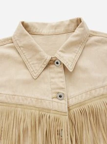 SHEINBlues Fringe Trim Drop Shoulder Denim Jacket - Khaki - View 10