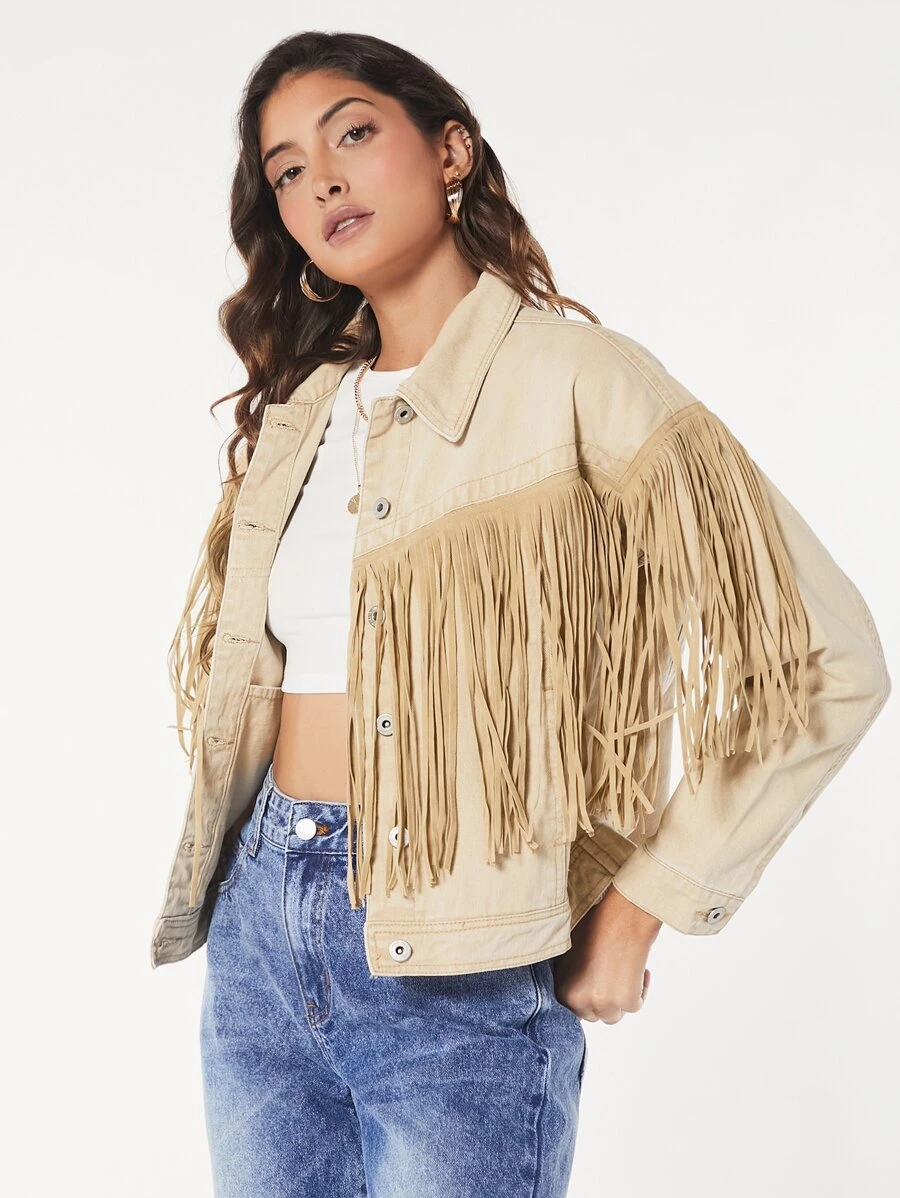SHEINBlues Fringe Trim Drop Shoulder Denim Jacket - Khaki - View 1