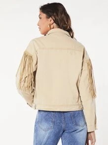 SHEINBlues Fringe Trim Drop Shoulder Denim Jacket - Khaki - View 7