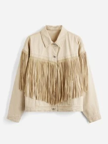 SHEINBlues Fringe Trim Drop Shoulder Denim Jacket - Khaki - View 8