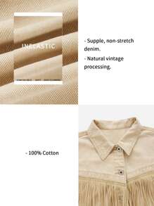 SHEINBlues Fringe Trim Drop Shoulder Denim Jacket - Khaki - View 3