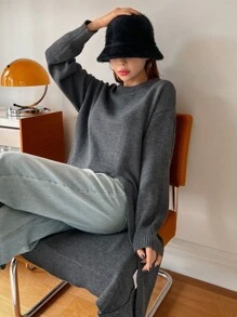 DAZY Ladies áo len váy Gân đan Tách cao màu trơn Giải trí - Màu xám đen - Xem 3