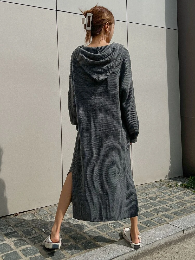 Drop Shoulder Slit Hem Drawstring Hooded Sweater Dress,Fall Women Clothes
