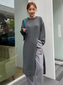 DAZY Ladies áo len váy Gân đan Tách cao màu trơn Giải trí - Màu xám đen - Xem 6