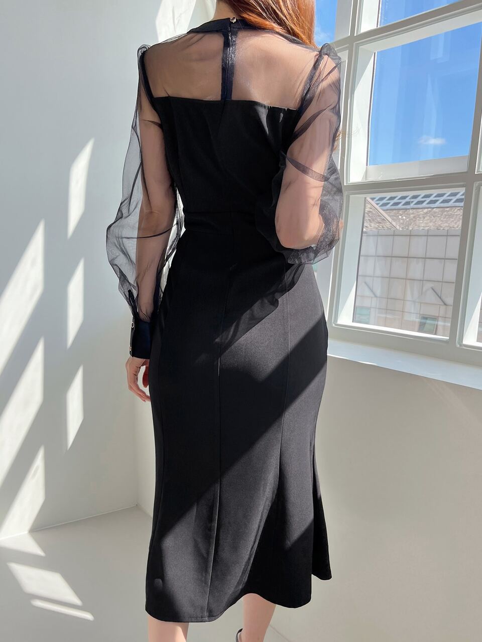 Contrast Mesh Puff Sleeve Dress Semi-Sheer Dress,Fall Dress