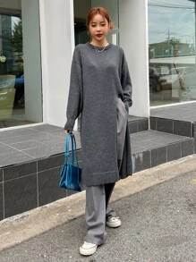 DAZY Ladies áo len váy Gân đan Tách cao màu trơn Giải trí - Màu xám đen - Xem 7