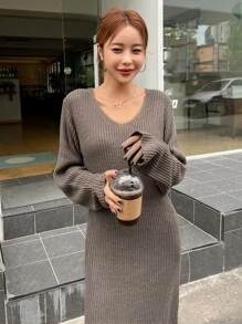 DAZY Solid Drop Shoulder Jumper Dress - Camel - View 5