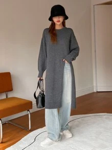 DAZY Ladies áo len váy Gân đan Tách cao màu trơn Giải trí - Màu xám đen - Xem 4