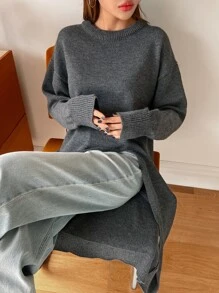 DAZY Ladies áo len váy Gân đan Tách cao màu trơn Giải trí - Màu xám đen - Xem 5