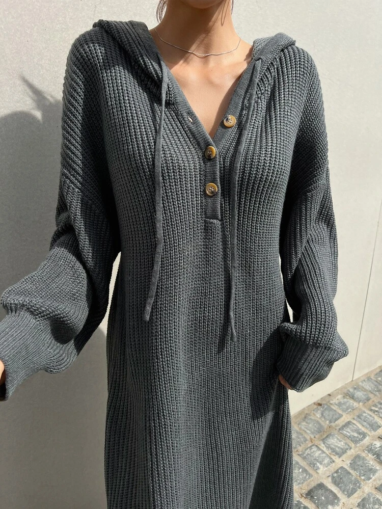 Drop Shoulder Slit Hem Drawstring Hooded Sweater Dress,Fall Women Clothes