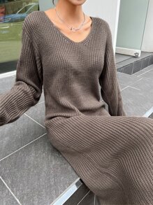 DAZY Solid Drop Shoulder Jumper Dress - Camel - View 8