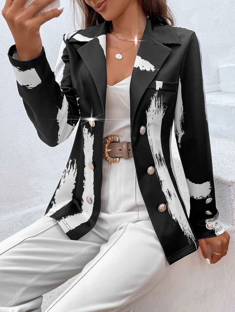 SHEIN Clasi Brush Print Double Button Blazer - Black - View 1