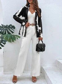 SHEIN Clasi Brush Print Double Button Blazer - Black - View 5